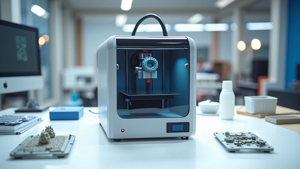 Stalas su 3D spausdintuvu, nuo aukštai matomas vaizdas, technologijos darbo aplinkoje