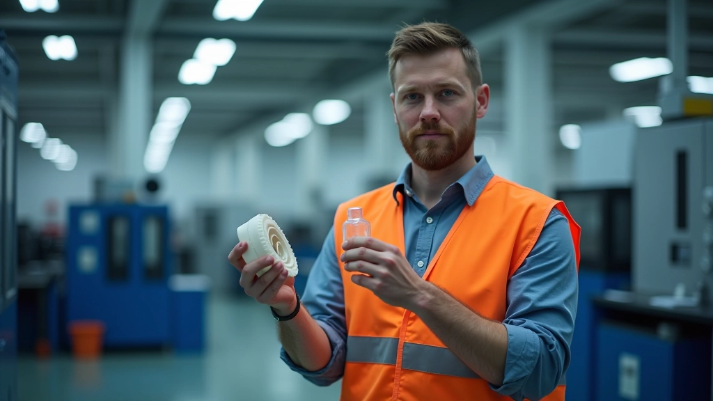 Inžinerius eina pro 3D spausdintuvą laboratorijoje, žiūri į spausdintą objektą rankoje, technologijos biuro aplinkoje