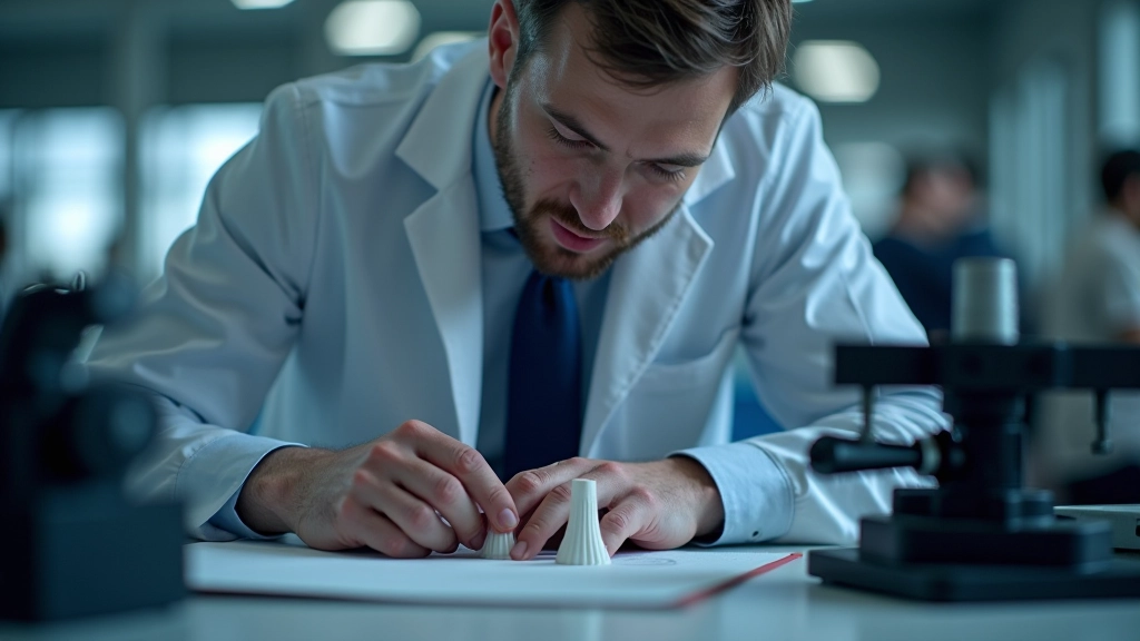 Inžinierius patikrina 3D spausdintą dalį, matuojant įrangą laboratorijoje