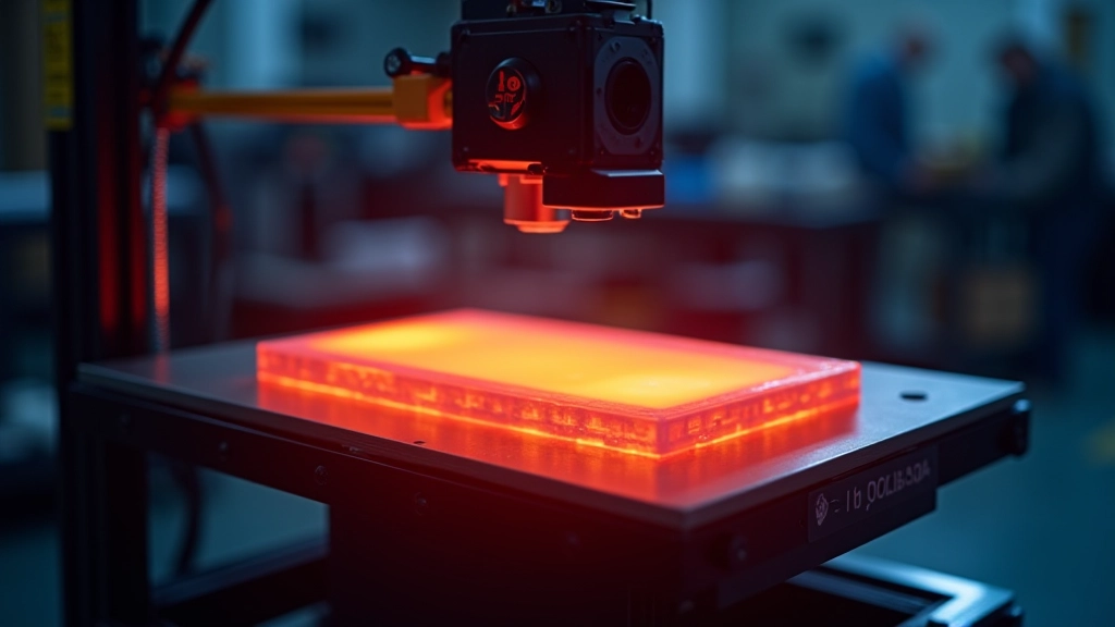 3D spausdintuvo šildomoji sausumo pagalvė ant metal platformos, šiluma matoma šviečiančia spalva