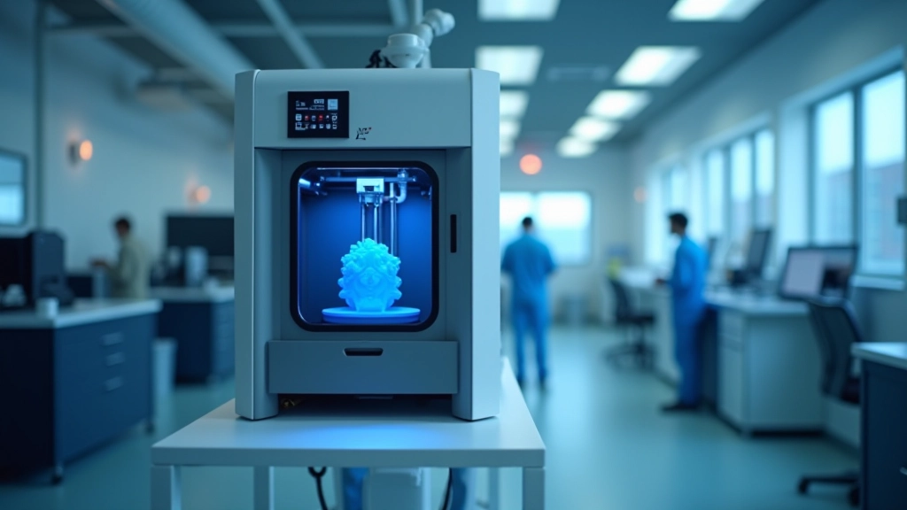Futuristinis 3D spausdintuvo vizualizacija su šviečiančiomis detalėmis, modernus laboratorijos nustatymas