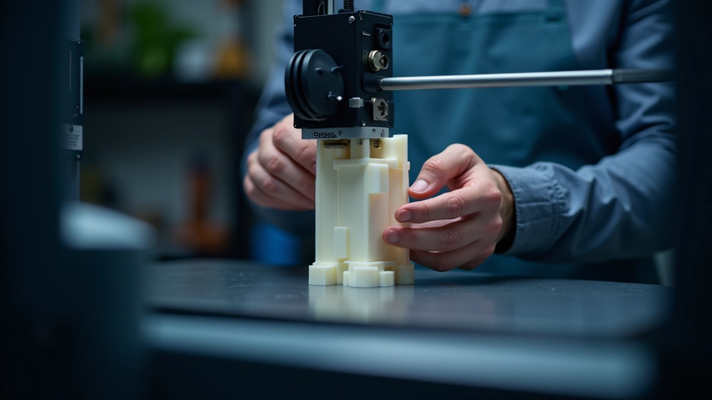 Žmogus nuimant atspausdintą dalį iš 3D spausdintuvo, detalus žvilgsnis, darbinė aplinka