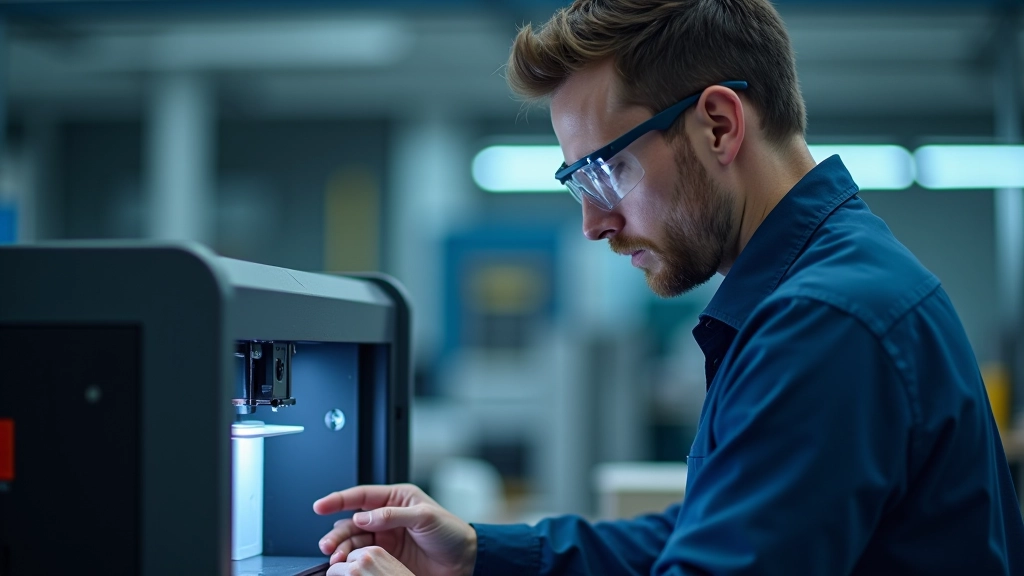 Darbuotojas dirba su 3D spausdintuve laboratorijoje, tipiška darbo scena